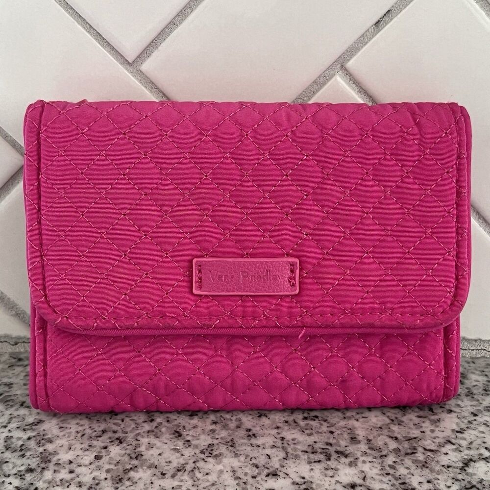 Vera Bradley Pink Quilted RFID Trifold Wallet Floral Interior Zip Coin Purse